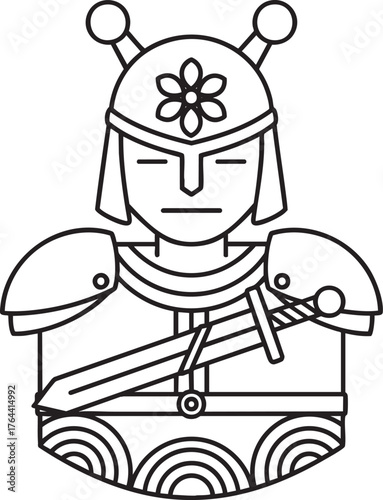 Stylized line art of a stoic warrior with a flower emblem helmet and sword.
