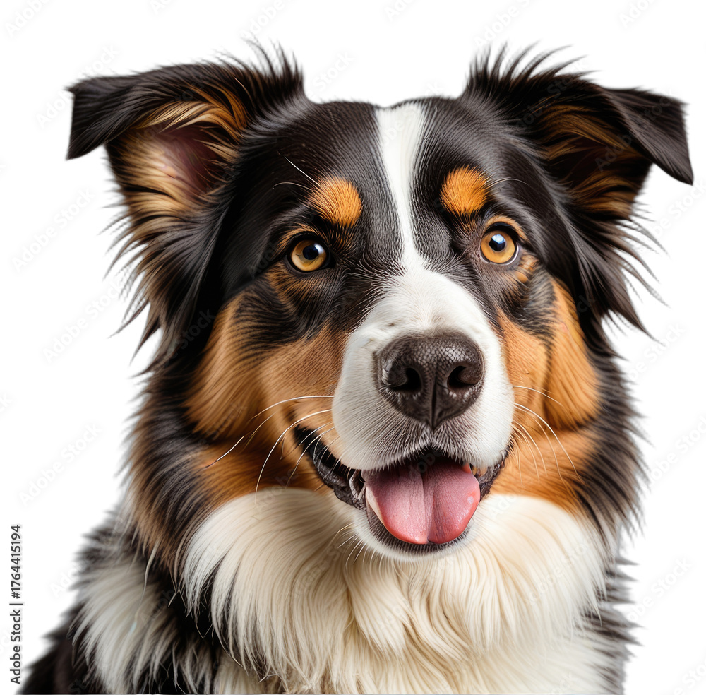 Fototapeta premium Close-up of a tri-colored dog's face with attentive eyes and tongue out