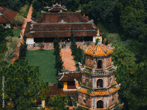 Cuadro en lienzo Aerial view of Thien Mu pagoda in Hue, Vietnam, one of the ancient pagoda in Hue city