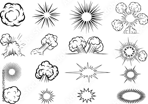 Black and white comic book explosion and burst graphics smoke