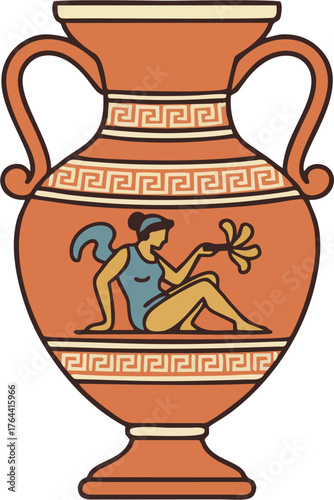 Antique Greek Vase Vector Illustration – Classic Terracotta Amphora, Mythological Art, Flat Style