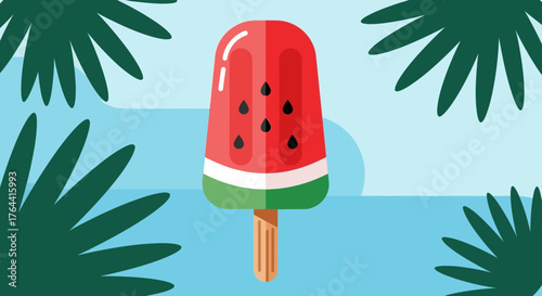 Refreshing Watermelon Popsicle Illustration with Tropical Foliage Backdrop