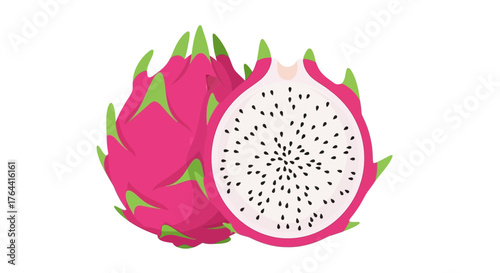 Vibrant depiction of a dragon fruit cut in half with detailed seeds