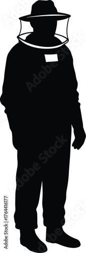 Silhouetted beekeeper in full protective suit and hat with veil a symbol of apiculture and bee farming professionals vector