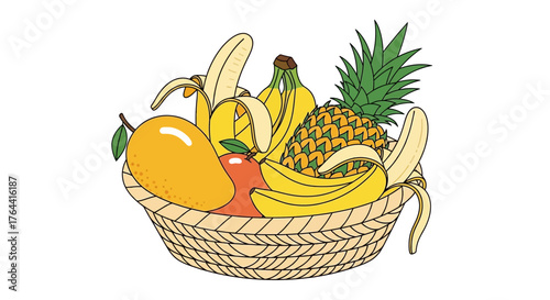 Vibrant fruit basket illustration featuring a variety of fresh tropical delights