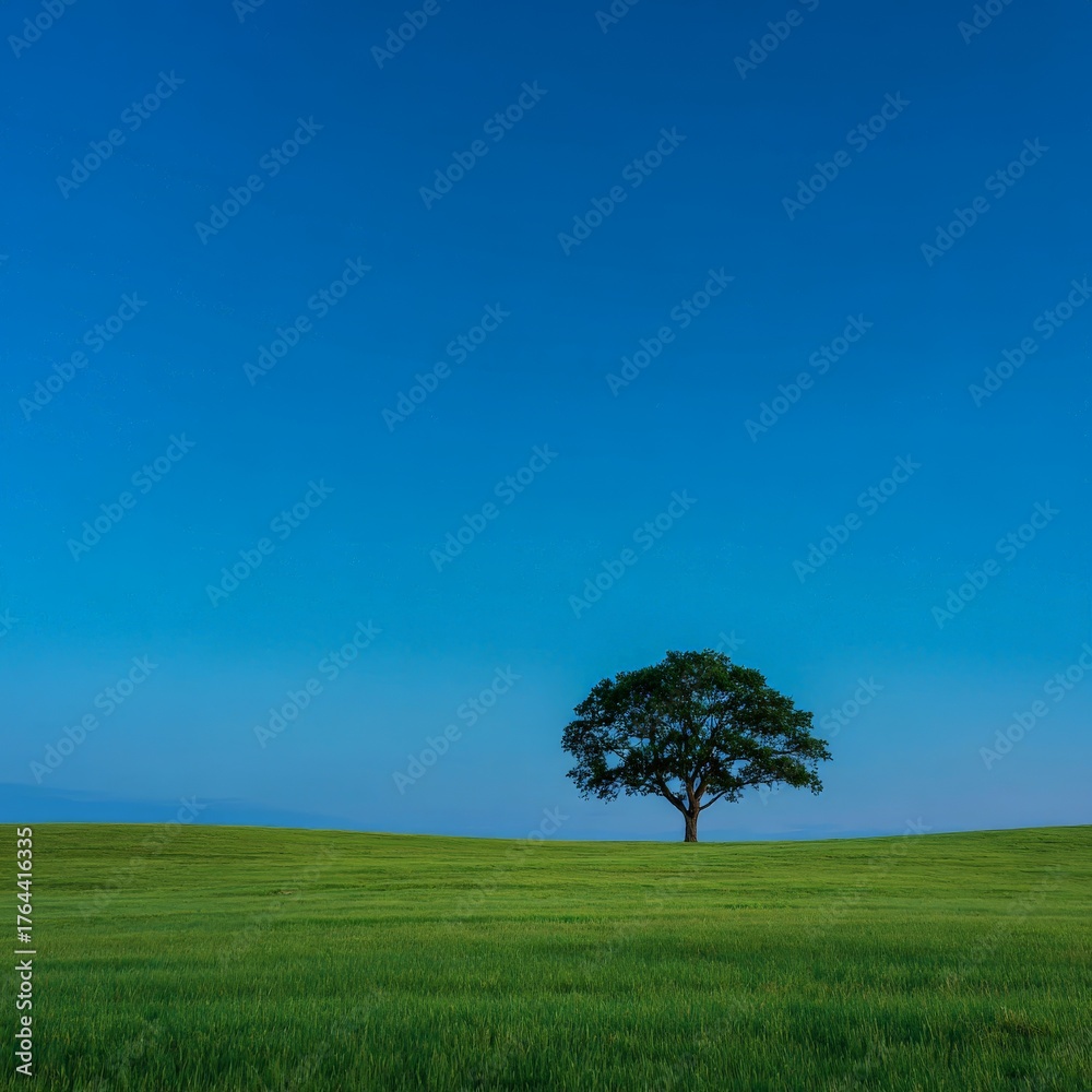 Obraz premium Lone tree stands on vast green field under clear blue sky in peaceful countryside setting