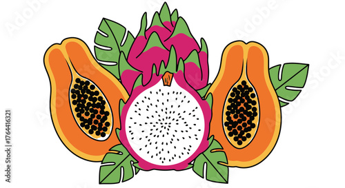 Vibrant tropical fruit composition featuring dragon fruit and papaya halves