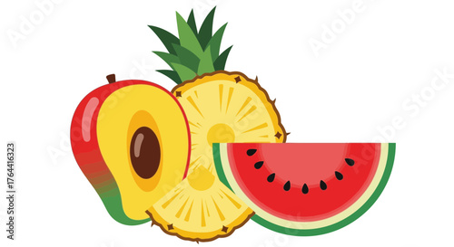 Vibrant slices and halves of mango, pineapple and watermelon fruits
