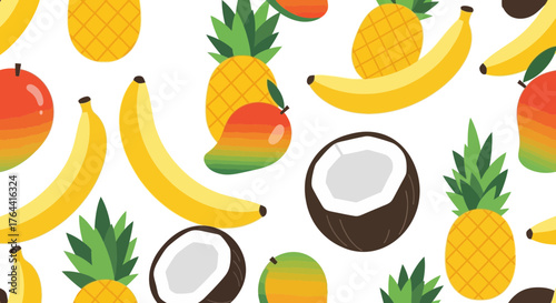 Vibrant tropical fruit medley pattern with fresh bananas and pineapple