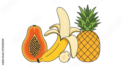 Vibrant tropical fruits composition featuring pineapple, banana and papaya