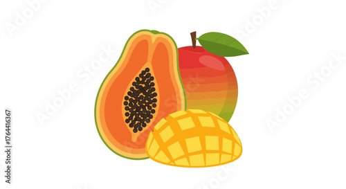 Vibrant vector artwork showcases a sliced papaya and mango medley on white