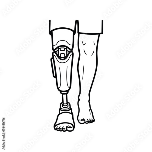 Person with prosthetic leg walking creative line art illustration concept of disability and overcoming challenges vector