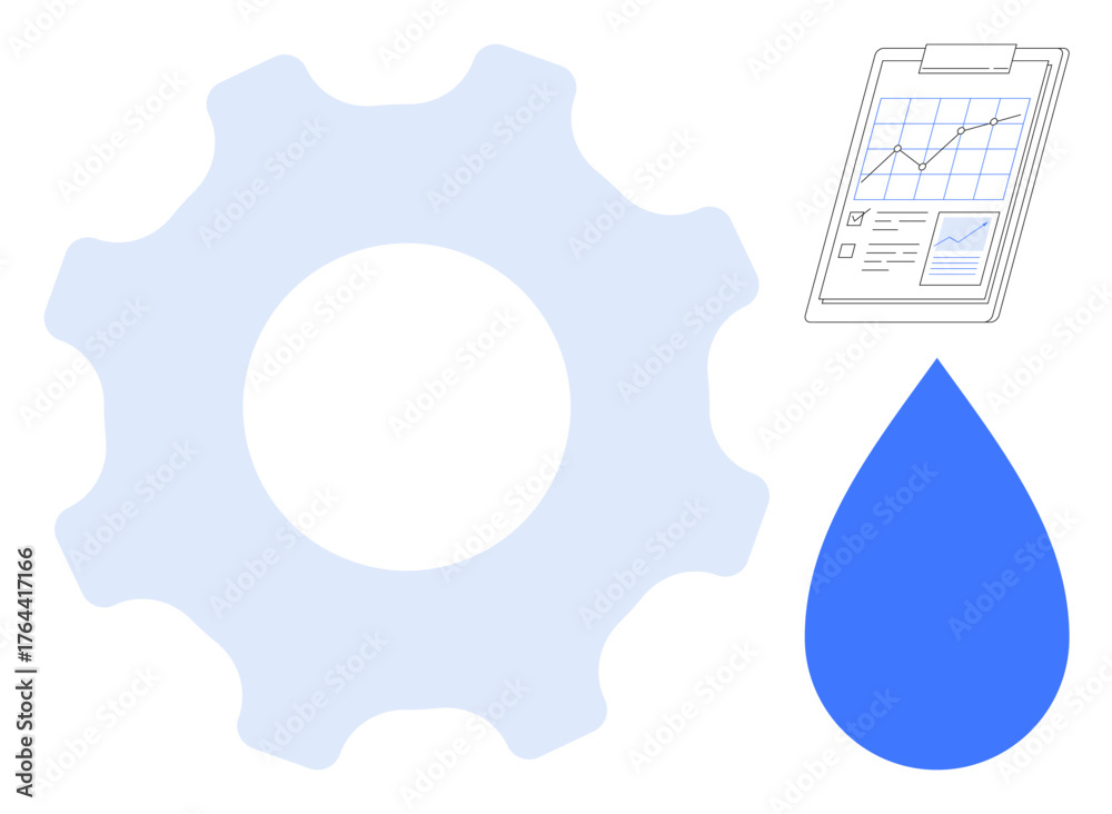 Obraz premium Gear, water droplet, and clipboard with analytics represent efficiency, sustainability, and resource management. Ideal for environment, technology, strategy, analytics industry process