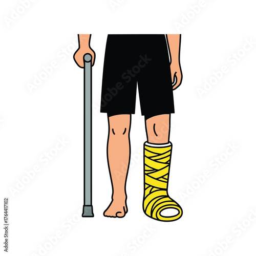Person with broken leg cast and walking cane injury recovery rehabilitation assistance vector