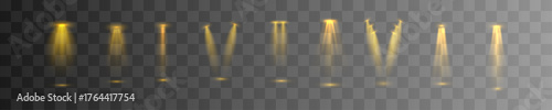 Layered golden spotlights overlapping to create rich textured beams with warm hues. Perfect for visual effects in luxury branding, theater, or event promotion. Transparent vector layers.