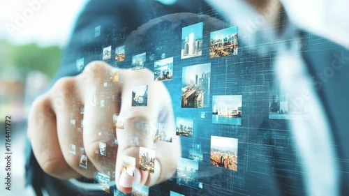 A person engages with virtual images of cityscapes while exploring new digital storytelling methods. This activity merges technology and creativity to visualize urban experiences.