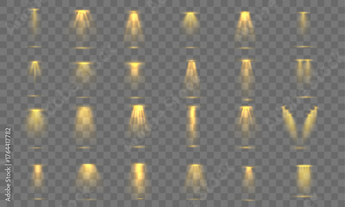 Warm yellow beams from stage lights creating inviting and luxurious atmosphere. Perfect for intimate concerts, theater productions, or elegant receptions. Transparent vector background.
