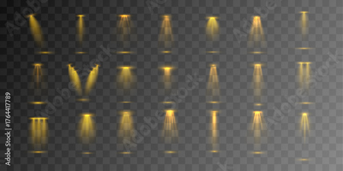 Multiple golden spotlights overlapping beams with warm gradients and soft highlights. Ideal for gala events, fashion shows, or upscale presentations. Transparent layered illustration.