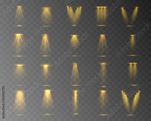 Golden floodlights illuminating wide areas with warm glowing light and soft edges. Perfect for outdoor evening events, building highlights, or concert backdrops. Transparent