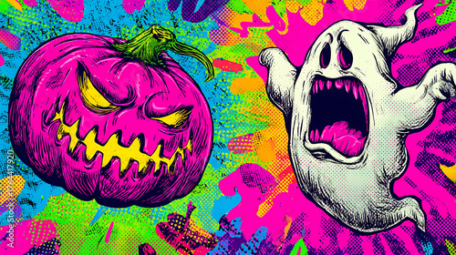 Neon Halloween scene grinning purple pumpkin and screaming ghost amid a vivid psychedelic backdrop!!