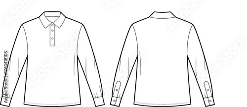 Front and back technical flat sketch of long sleeve polo shirt, vector fashion design template, detailed clothing outline illustration for apparel pattern and garment design