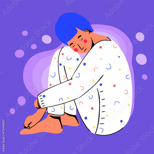 A person is sitting with her knees hugged. Sad face. Suitable for a poster on the theme of sadness and depression. Vector illustration.