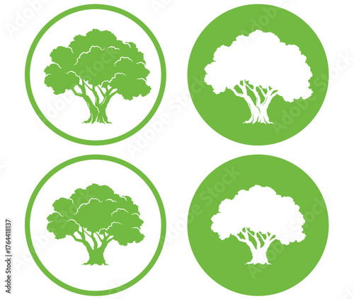 set of green olive trees icons with branches silhouettes