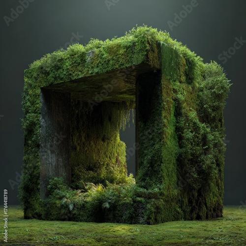 Moss-covered structure surrounded by lush greenery in a dimly lit environment