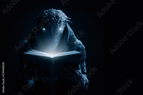 Mysterious creature holding an open book emitting light, revealing its face with glowing eyes. Concept of discovery and ancient knowledge
