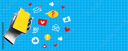 Trendy halftone banner with human hand holding smartphone and different social media icons. Concept of mobile apps and services,online communication,social media,rating. Punk and Y2K style. Vector