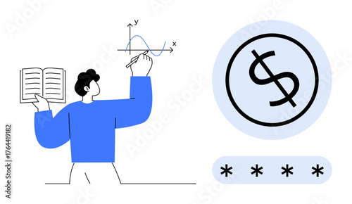 Person holding book while sketching graph, dollar sign in circle, password inputs. Ideal for education, finance, security, analytics, investment, learning strategy simple flat metaphor