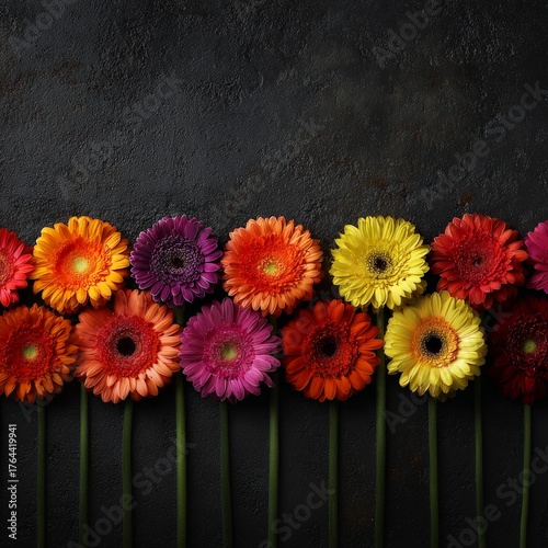Colorful gerbera daisies arranged in a vibrant line against a dark background for a fresh and lively display