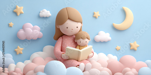 Cartoon mother reading a book to her child sitting on clouds in a dreamy pastel sky with stars and moon Concept of bedtime story, childhood, and imagination