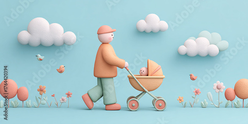 Father pushing baby stroller in a whimsical pastel landscape with clouds and flowers Concept of parenthood, childcare, and family bonding in a cute, stylized world