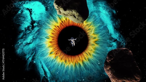 An astronaut and asteroids are drawn into the center of a nebula resembling a giant human eye. A huge eye-shaped nebula with an astronaut falling into a black hole. 4K video animation.