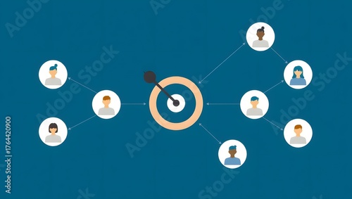 Minimal vector design with user profile icons around a target symbol, sales and audience growth concept.