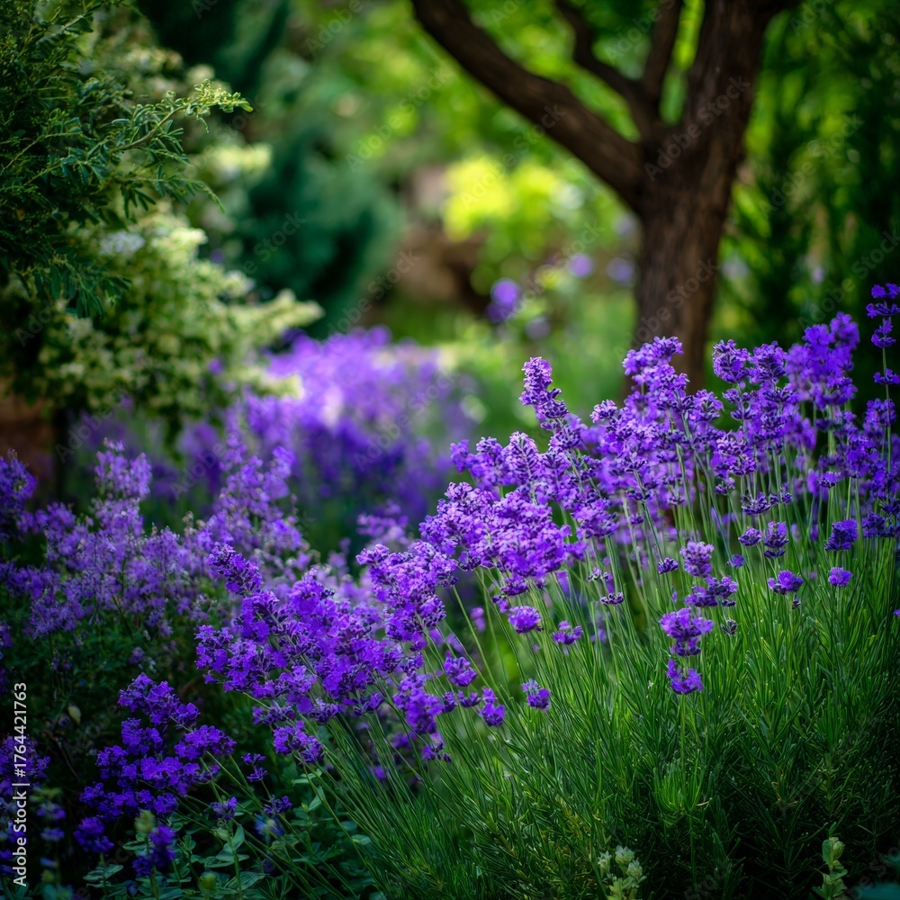 Fototapeta premium Beautiful lavender blossoms in a peaceful garden setting during the late afternoon