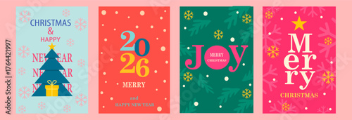 Merry Christmas and Happy New Year 2026 greeting card Set.Merry christmas banner template design with decorative christmas ornaments.
