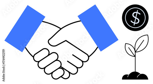 Handshake linking business agreement with a growing plant and dollar sign. Ideal for partnership, investment, sustainability, collaboration, growth, financial strategy, eco-friendly initiatives