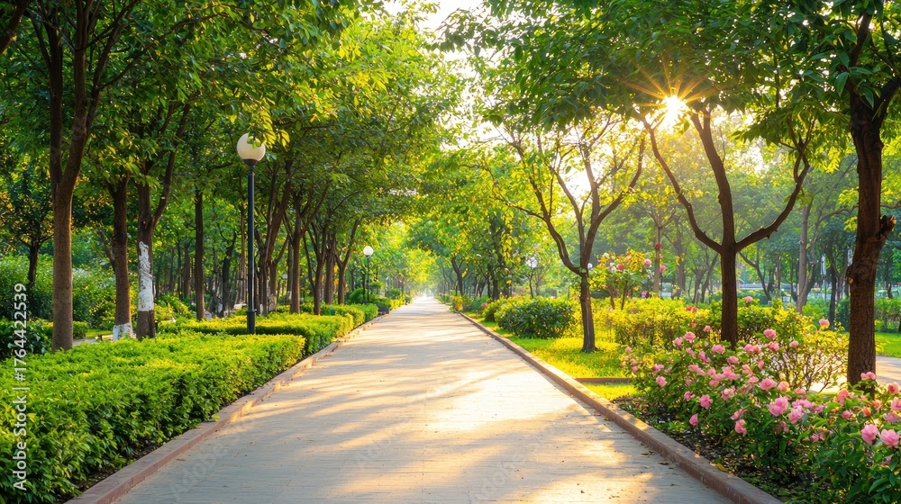 Obraz premium Serene Pathway Through Lush Green Trees and Colorful Flowers in a Tranquil Park During Sunrise