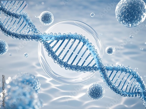 DNA double helix structure in a scientific visualization with cellular elements and water-like background