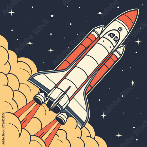 Vector art of cartoon space shuttle launch