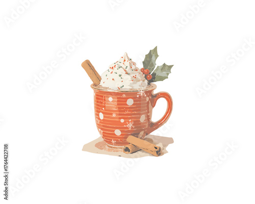 Festive Hot Chocolate Mug with Cinnamon Sticks and Holiday Decor