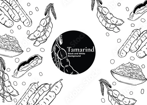 Black and white illustration of tamarind pods, pulp, and leaves arranged around a central black circle with the word "Tamarind" inside.