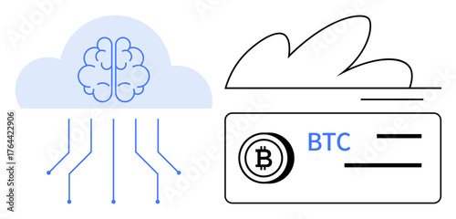 Brain integrated into cloud with circuit lines and Bitcoin wallet symbolizing AI, blockchain, and crypto. Ideal for technology, AI, cryptocurrency, blockchain, cloud computing, finance digital