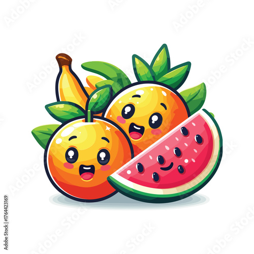 Cute cartoon fruits with happy faces, including oranges, bananas, and a watermelon slice, on a white background.