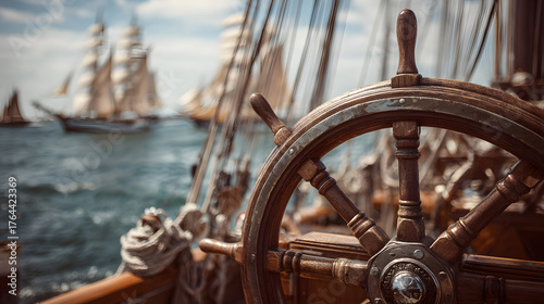 Fototapeta Naklejka Na Ścianę i Meble -  Wooden ship rudder with pirate ship background in blurry ocean and copy space for text. Pirate sailing ship background illustration.