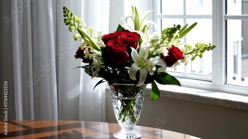 Beautiful Red Roses and White Lilies in a Vase on a Polished Wood Table by a Window