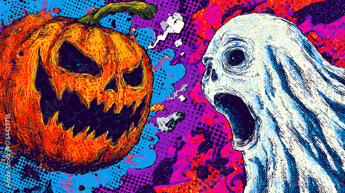 Vibrant comic-style Halloween scene shows a menacing carved pumpkin beside a white ghost. in neon hue