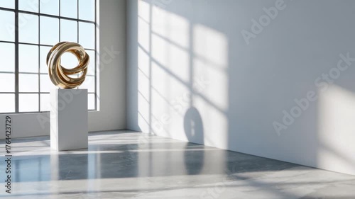 Golden Abstract Sculptures in a Sunlit Modern Art Gallery Exhibition